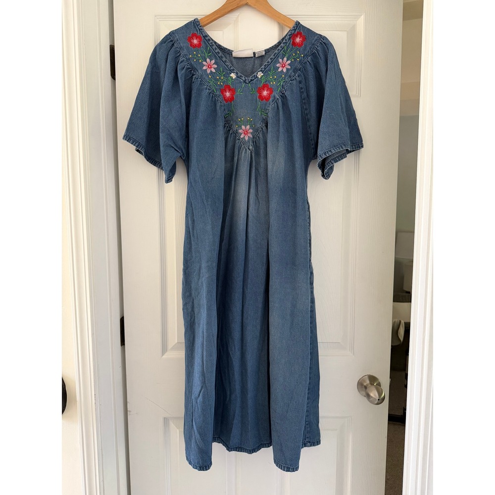 Vintage Denim Floral Embroidered Country Store 90s Maxi Dress Cottage Retro